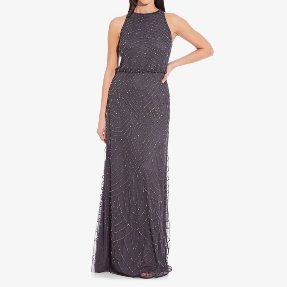 ART DECO BEADED BLOUSON DRESS WITH HALTER NECKLINE IN GUNMETAL, SMALL